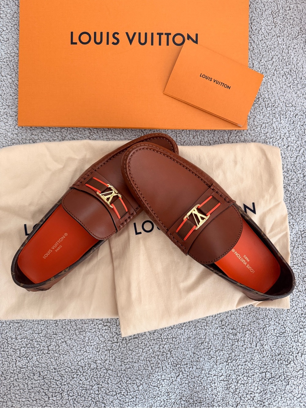 Louis Vuitton Brown Leather Men’s Slip-On Loafers with Gold LV Hardware